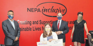 
			
				                                NEPA Inclusive accepted a check for a two-year grant from AllOne Foundation of $120,000. From left: Frank Bartoli, NEPA Inclusive executive director; Ellie Bartoli; John Cosgrove, AllOne Foundation executive director; ReeRee DeLuca, NEPA Inclusive employment specialist.
                                 Tony Callaio | For Sunday Dispatch

			
		