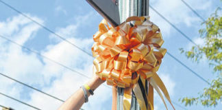 
			
				                                Jennifer Bonita, Eric Speicher’s aunt, uses a step stool to place a gold ribbon on a light standard on Luzerne Ave., West PIttston, during the ribbon campaign in 2019.
                                 Tony Callaio | File photo

			
		