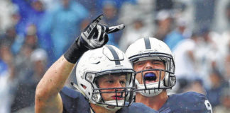 
			
				                                Penn State defensive end Carl Nassib (95) celebrates his second half interception with defensive end Garrett Sickels (90) during an NCAA college football game against Buffalo in State College, Pa., Saturday, Sept. 12, 2015.
                                 AP file photo

			
		