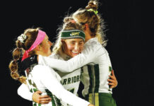 
			
				                                Wyoming Area’s (from left) Nina Angeli, Alexys Moore and Lyla Rehill celebrate after the Warriors edged Oley Valley to reach Saturday’s state championship game.
                                 Fred Adams | For Times Leader

			
		