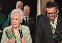
			
				                                Mary Clare Leonard, left, the 2024 Irish Women of the Year chosen by the Greater Pittston Friendly Sons of St. Patrick, was honored at the annual Friendly Sons Women’s Breakfast on Saturday at the Woodlands Resort, Wilkes-Barre. She was presented with a vase by Errol O’Brien, Greater Pittston Friendly Sons of St. Patrick president, right.
                                 Tony Callaio | For Sunday Dispatch

			
		