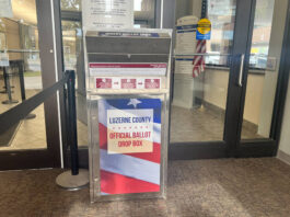 
			
				                                The mail ballot drop box at Luzerne County’s Penn Place building in downtown Wilkes-Barre.
                                 File photo

			
		