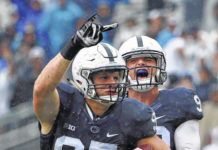 
			
				                                Penn State defensive end Carl Nassib (95) celebrates his second half interception with defensive end Garrett Sickels (90) during an NCAA college football game against Buffalo in State College, Pa., Saturday, Sept. 12, 2015.
                                 AP file photo

			
		