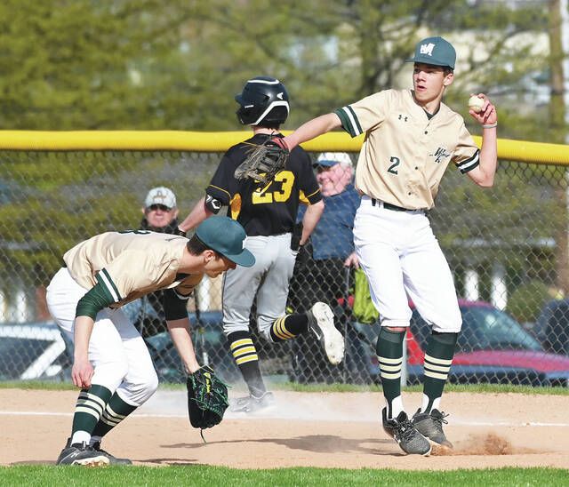 <p>After making the tag at first base, Chase Speicher (2) looks to double up the Lake-Lehman at second base with pitcher Christian Krogulski ducking the throw.</p>
                                 <p>Tony Callaio | For Sunday Dispatch</p>